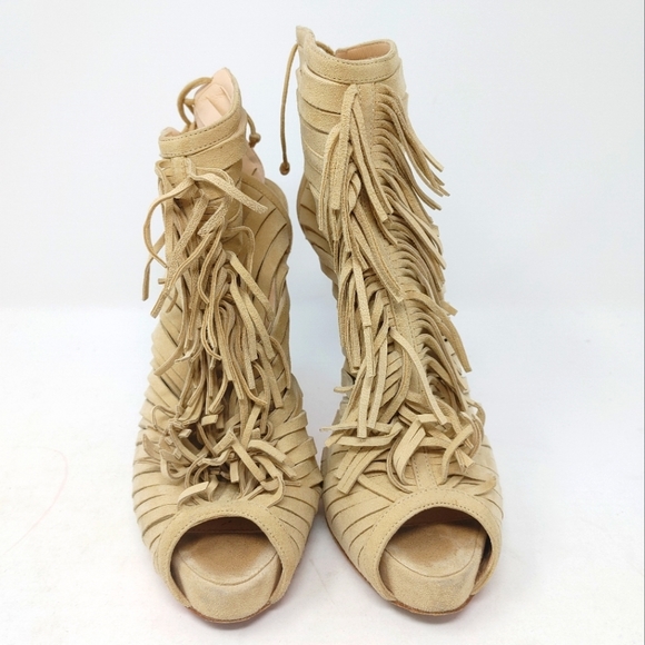 Christian Louboutin Deva Suede Fringe Tie Up Booties Size 36 - Picture 5 of 14
